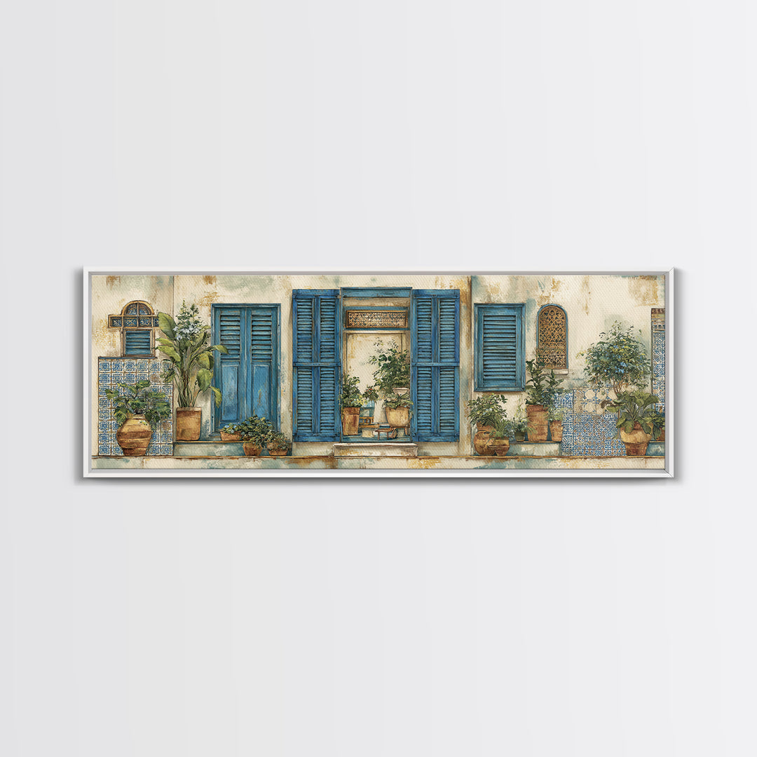 Weathered Window with Blue Shutters Canvas Print, French Country Art, Home Decor Gift, Farmhouse Decor, Oil Painting, Country, FCA-3x1-85