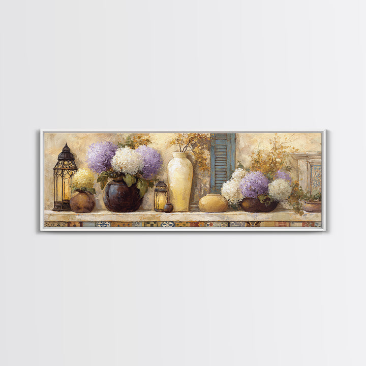 Soft Hydrangeas Beside Antique Shutters Canvas Print, French Country Art, Botanical Prints, Farmhouse Decor, Fine Art, Country, FCA-3x1-96