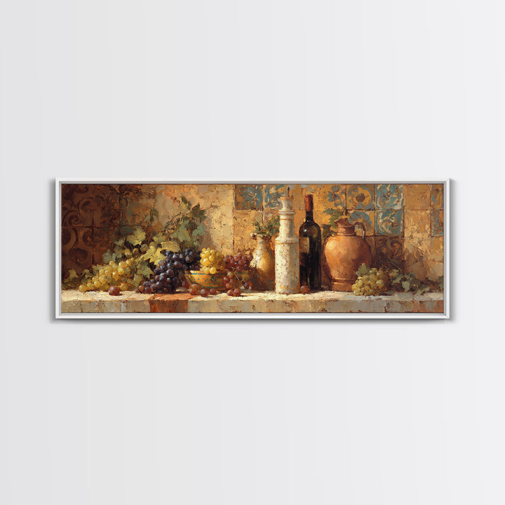 Grapes and Wine Still Life Canvas Print, French Country Art, Coastal Wall Art, Farmhouse Decor, Watercolor Art, Country, FCA-3x1-97