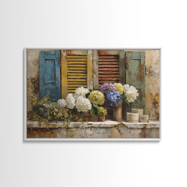 Soft Hydrangeas Beside Antique Shutters Canvas Print, French Country Art, Luxury Decor, Farmhouse Decor, Fine Art, Country, FCA-3x2-12