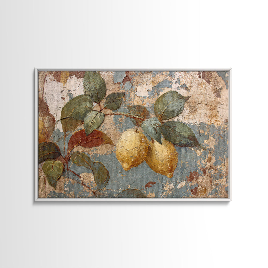 Aged Botanical Plate of Lemons and Leaves Canvas Print, French Country Art, Art Print, Farmhouse Decor, Watercolor Art, Country, FCA-3x2-16