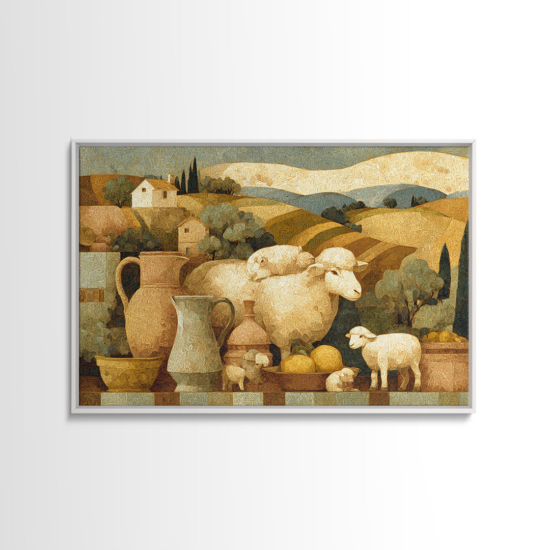 Pastoral Sheep in Rolling Countryside Framed Canvas Print, French Country Art, Textured Painting, Farmhouse Decor, Country, FCA-3x2-18