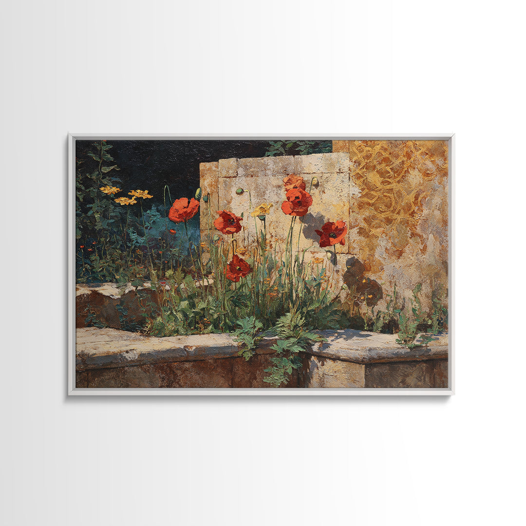 Poppies Beside a Stone Garden Wall Framed Canvas Print, French Country Art, Wall Art, Farmhouse Decor, Fine Art, Country, FCA-3x2-19