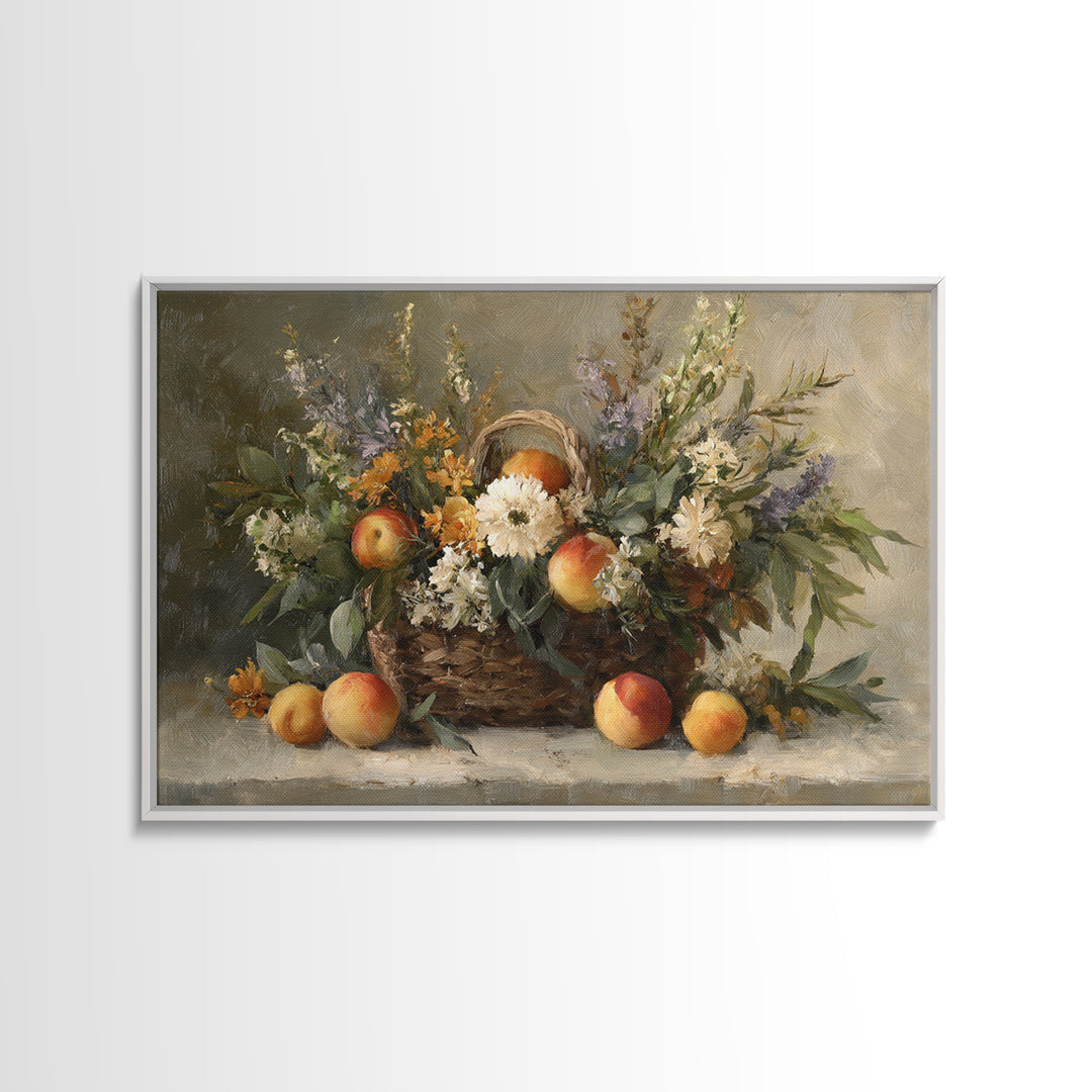 Basket of Fresh Peaches and Wildflowers Framed Canvas Print, French Country Art, Textured Painting, Farmhouse Decor, Country, FCA-3x2-24