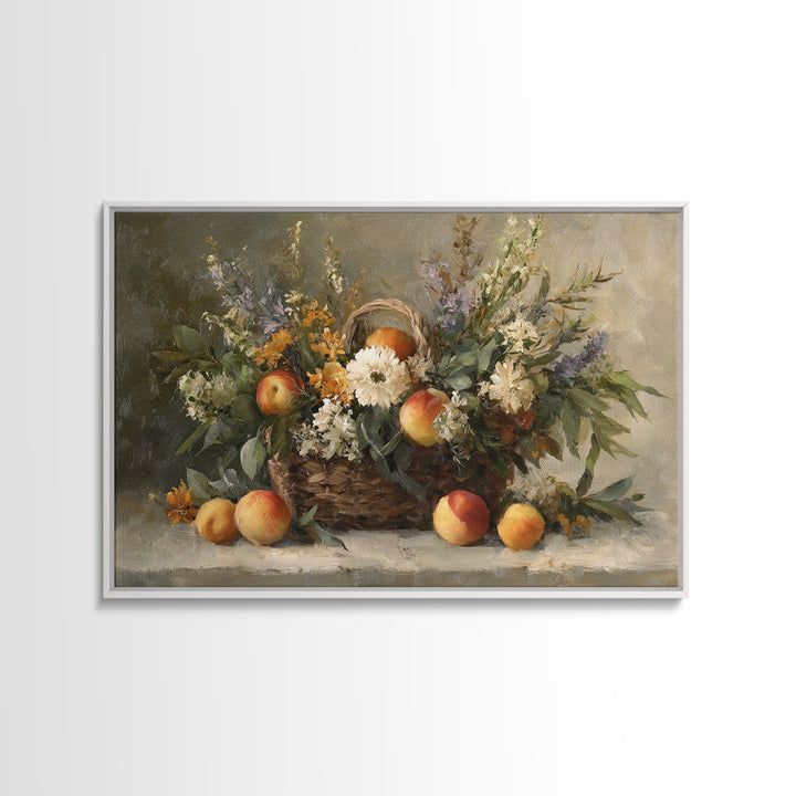 Basket of Fresh Peaches and Wildflowers Framed Canvas Print, French Country Art, Textured Painting, Farmhouse Decor, Country, FCA-3x2-24