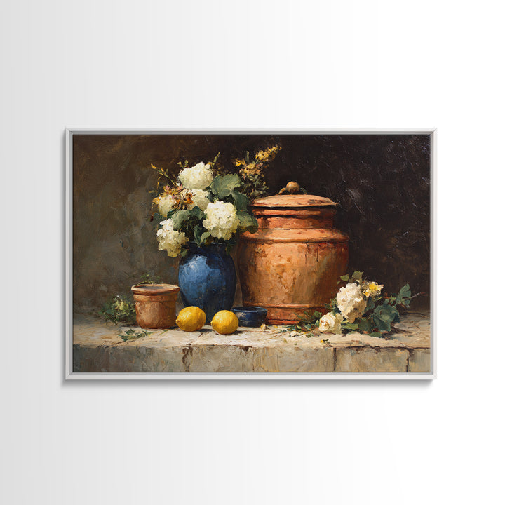 Antique Copper Pot and Flowers Still Life Framed Canvas Print, French Country Art, Boho Decor, Farmhouse Decor, Country, FCA-3x2-28