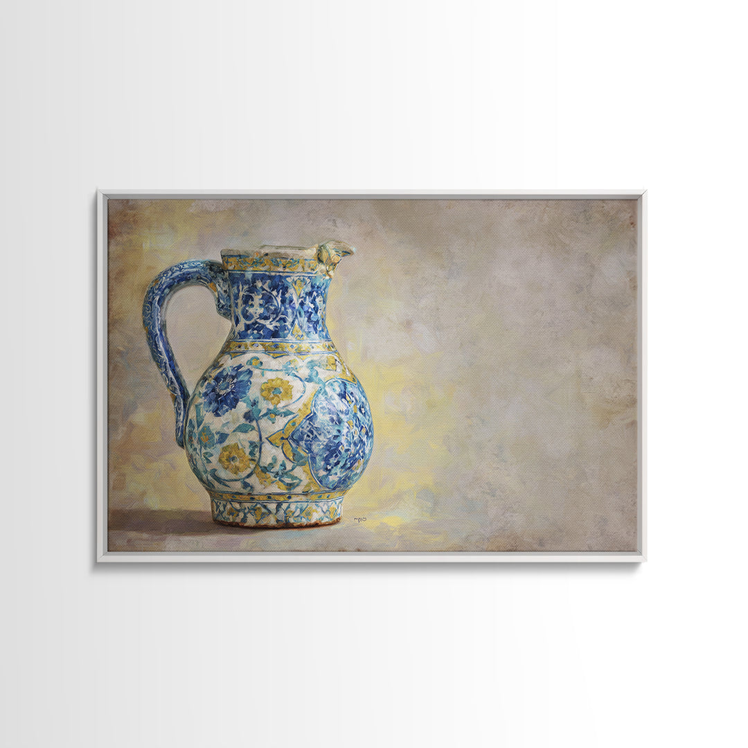 Blue and White Ceramic Pitcher Framed Canvas Print, French Country Art, Digital Art, Farmhouse Decor, Fine Art, Country, FCA-3x2-31