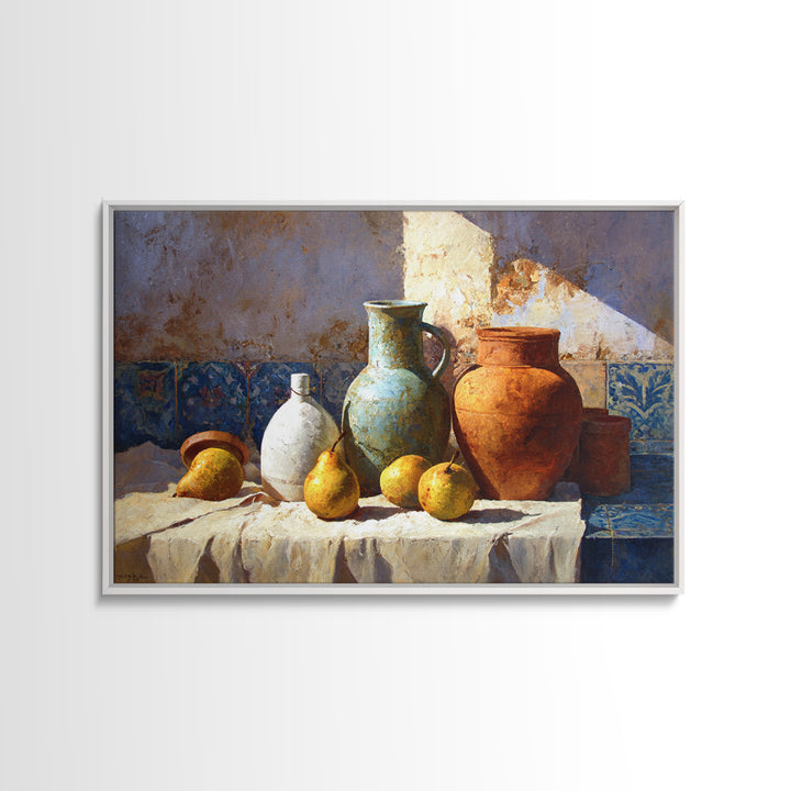 Pear Still Life on Linen Tablecloth Canvas Print, French Country Art, Minimalist Decor, Farmhouse Decor, Fine Art, Country, FCA-3x2-32