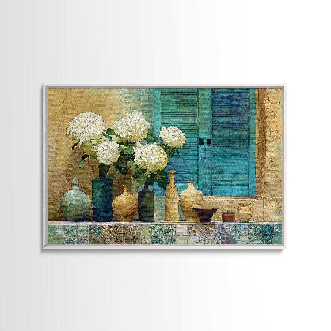 Soft Hydrangeas Beside Antique Shutters Framed Canvas Print, French Country Art, Contemporary Art, Farmhouse Decor, Country, FCA-3x2-36