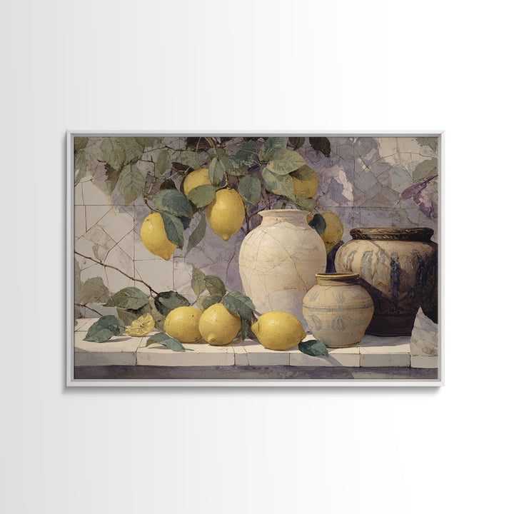 Aged Botanical Plate of Lemons and Leaves Framed Canvas Print, French Country Art, Wall Art, Farmhouse Decor, Watercolor Art, FCA-3x2-40