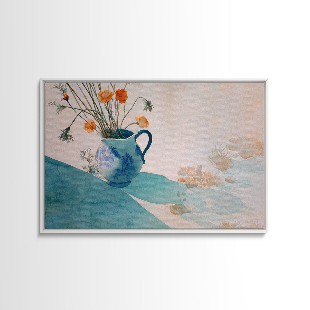 Blue and White Ceramic Pitcher Framed Canvas Print, French Country Art, Landscape Wall Art, Farmhouse Decor, Watercolor Art, FCA-3x2-55