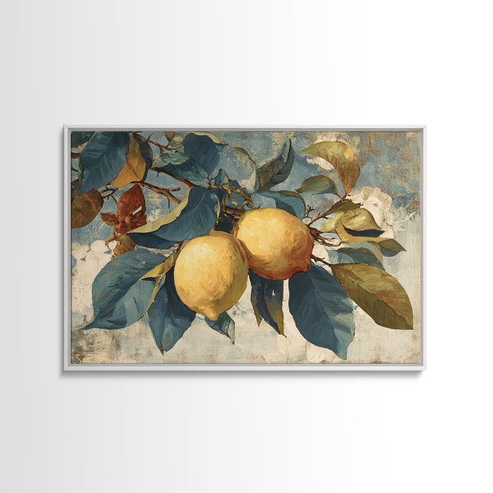 Aged Botanical Plate of Lemons and Leaves Framed Canvas Print, French Country Art, Farmhouse Decor, Fine Art, Country, FCA-3x2-64