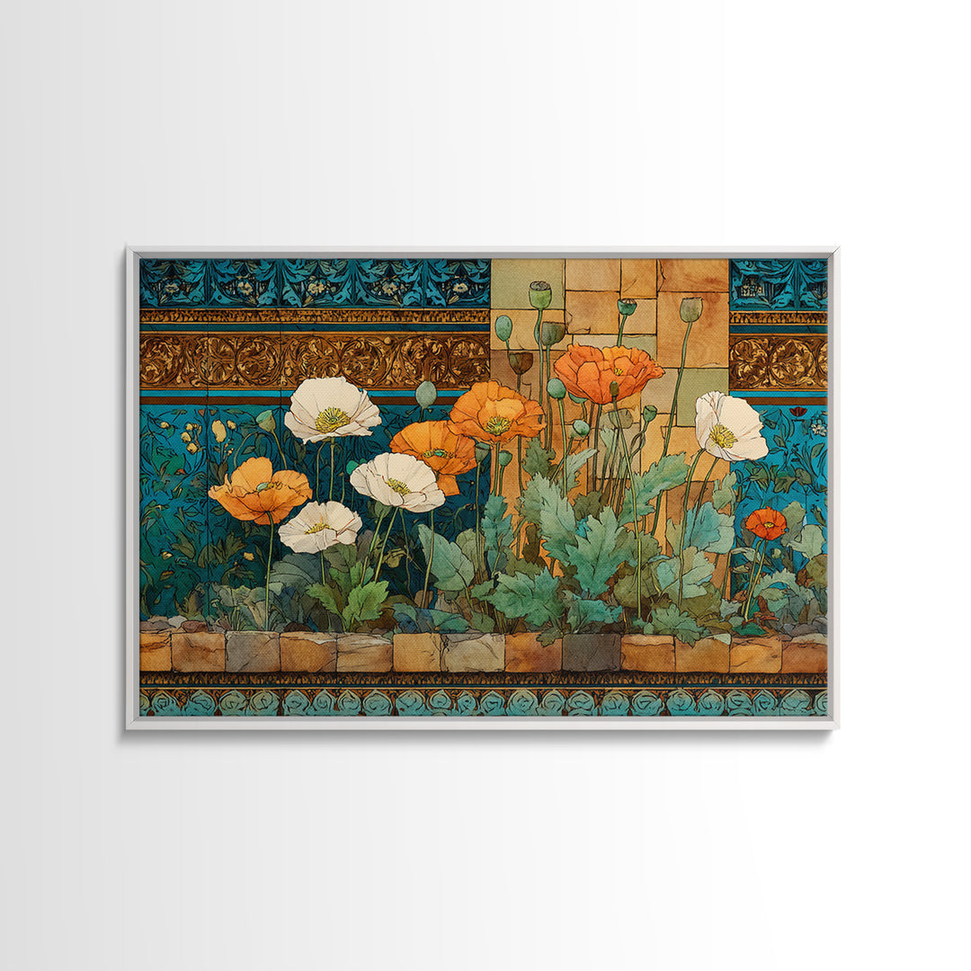 Poppies Beside a Stone Garden Wall Canvas Print, French Country Art, Coastal Wall Art, Farmhouse Decor, Watercolor Art, Country, FCA-3x2-67