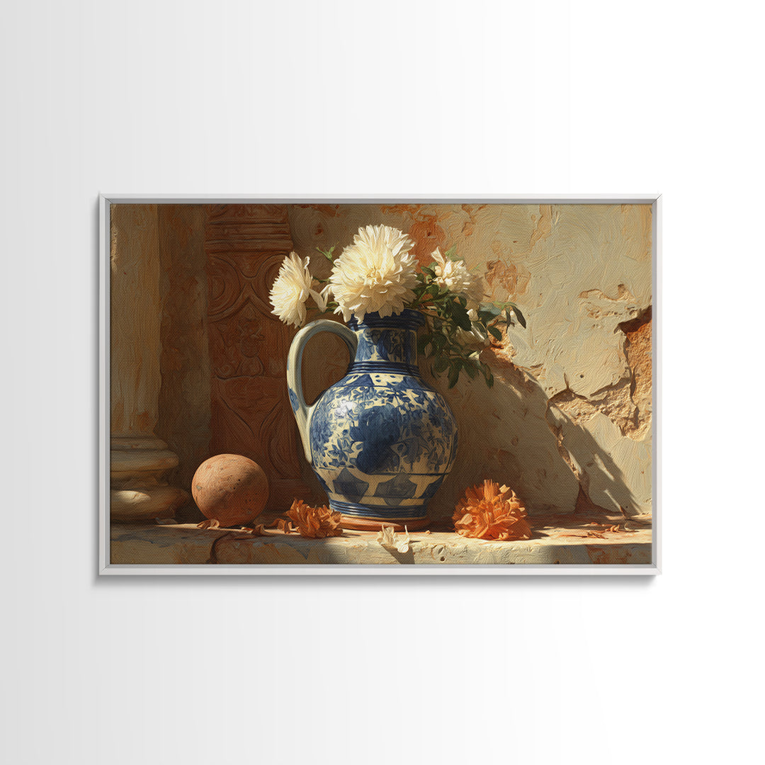 Blue and White Ceramic Pitcher Framed Canvas Print, French Country Art, Landscape Wall Art, Farmhouse Decor, Fine Art, Country, FCA-3x2-7
