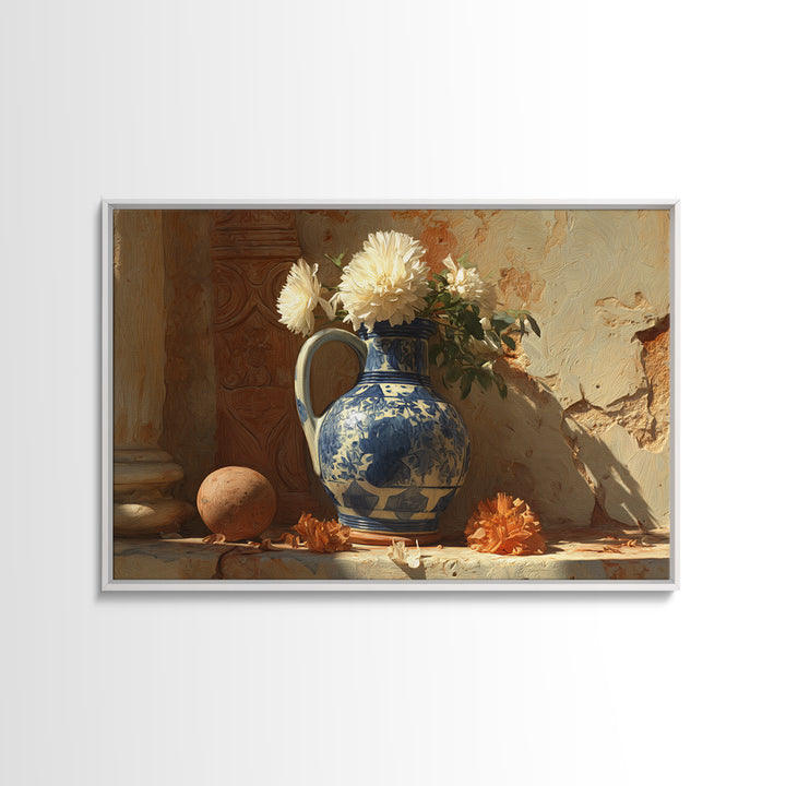 Blue and White Ceramic Pitcher Framed Canvas Print, French Country Art, Landscape Wall Art, Farmhouse Decor, Fine Art, Country, FCA-3x2-7