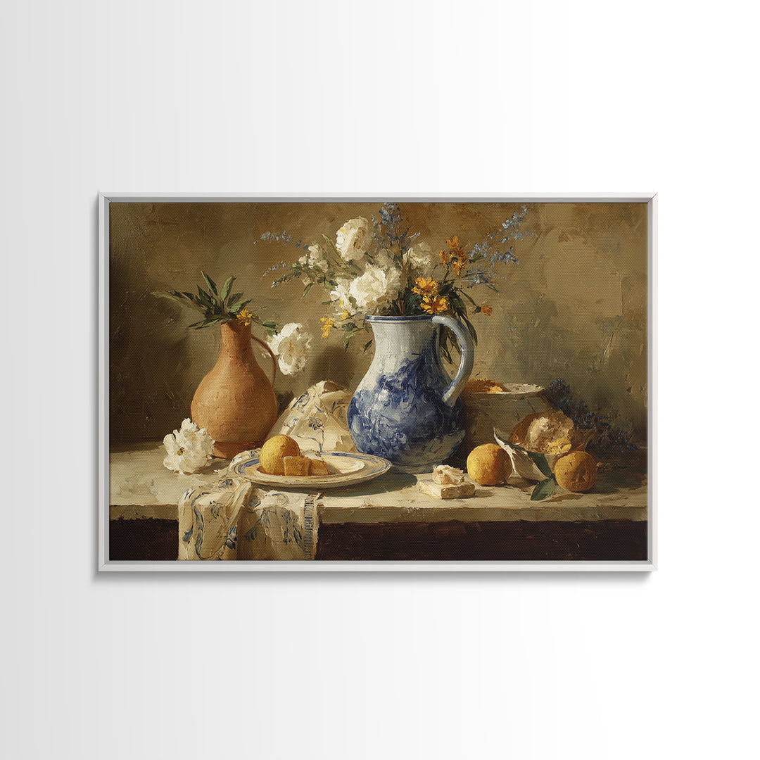Blue and White Ceramic Pitcher Framed Canvas Print, French Country Art, Digital Art, Farmhouse Decor, Watercolor Art, Country, FCA-3x2-79