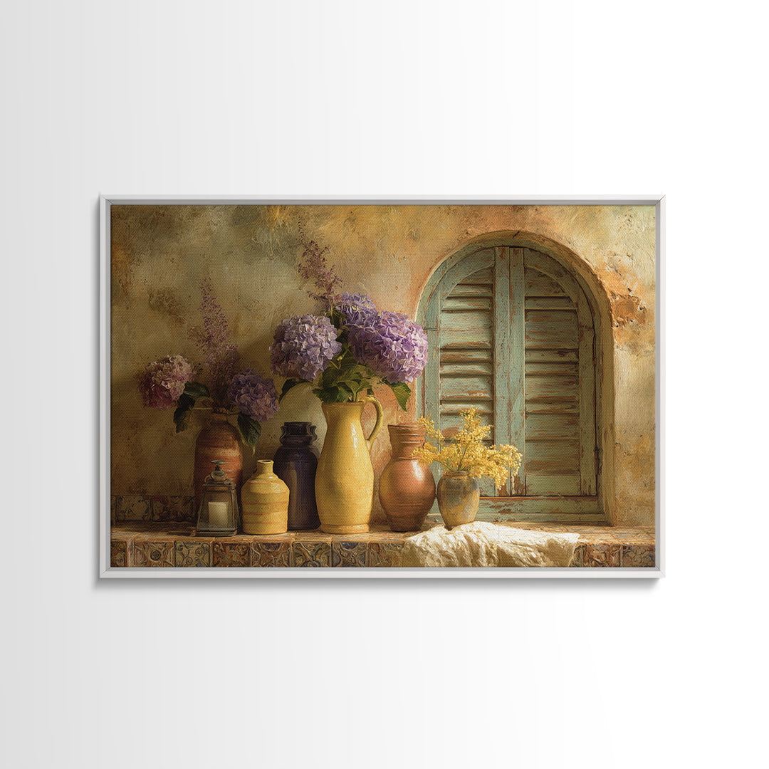 Soft Hydrangeas Beside Antique Shutters Canvas Print, French Country Art, Botanical Prints, Farmhouse Decor, Fine Art, Country, FCA-3x2-84