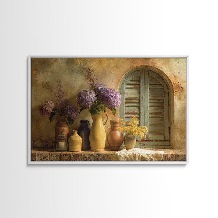 Soft Hydrangeas Beside Antique Shutters Canvas Print, French Country Art, Botanical Prints, Farmhouse Decor, Fine Art, Country, FCA-3x2-84