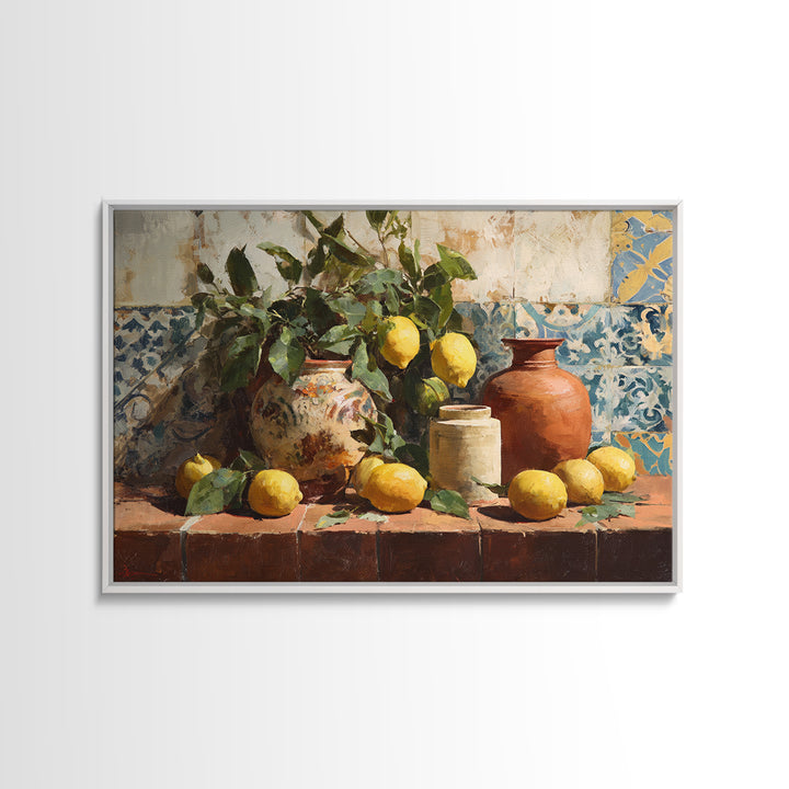 Aged Botanical Plate of Lemons and Leaves Canvas Print, French Country Art, Coastal Wall Art, Farmhouse Decor, Oil Painting, FCA-3x2-88