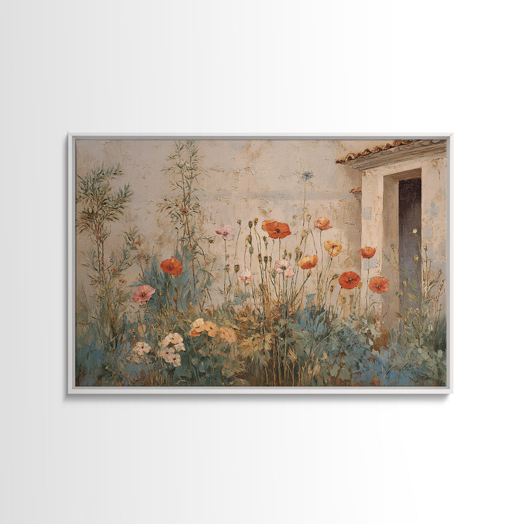 Poppies Beside a Stone Garden Wall Canvas Print, French Country Art, French Country Decor, Farmhouse Decor, Country, FCA-3x2-91