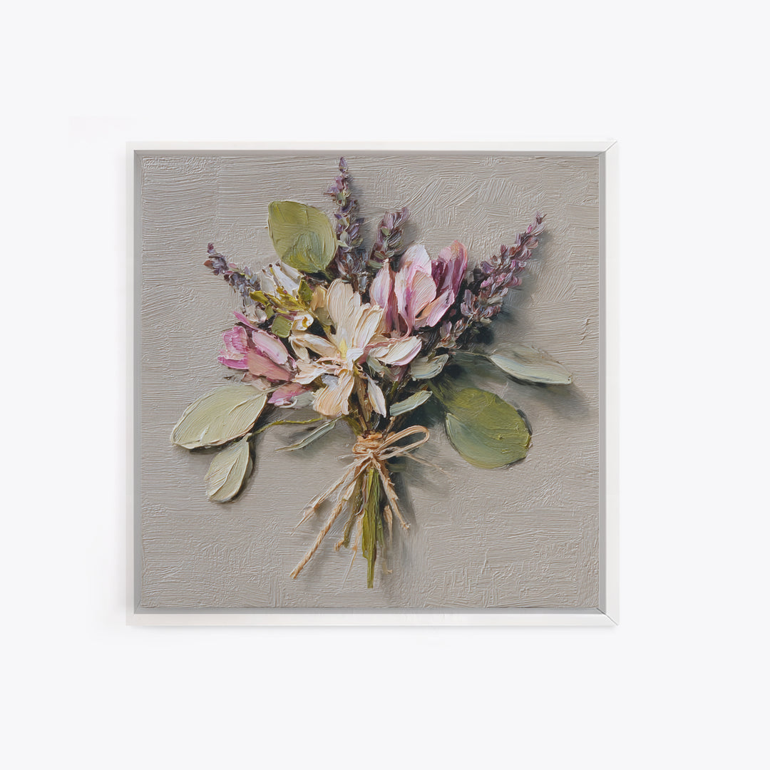 Lavender Bundle Tied Framed Canvas Print, Floral Art, Neutral Tone Abstract Floral Art, Living Room Decor, Fine Art, Bloom, FLO-1x1-34