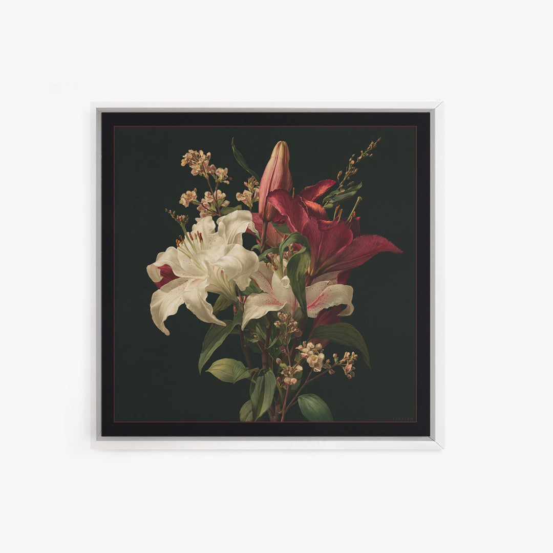 Lily Bouquet with Dramatic Dark Background Framed Canvas Print, Floral Art, Dark Academia Decor, Living Room Decor, Bloom, FLO-1x1-44