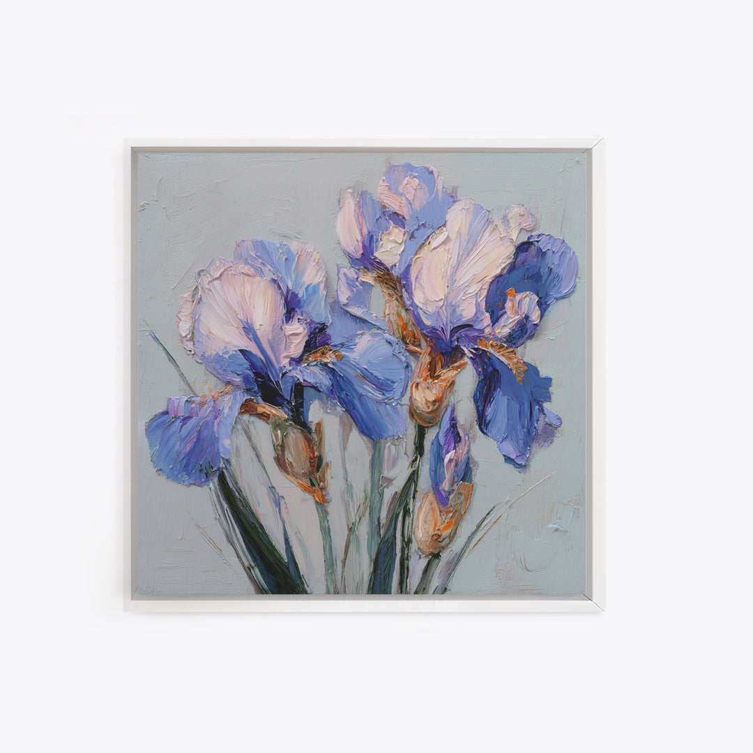 Irises Painted with Expressive Blue Strokes Framed Canvas Print, Floral Art, Botanical Curtain, Living Room Decor, Oil Painting, FLO-1x1-46