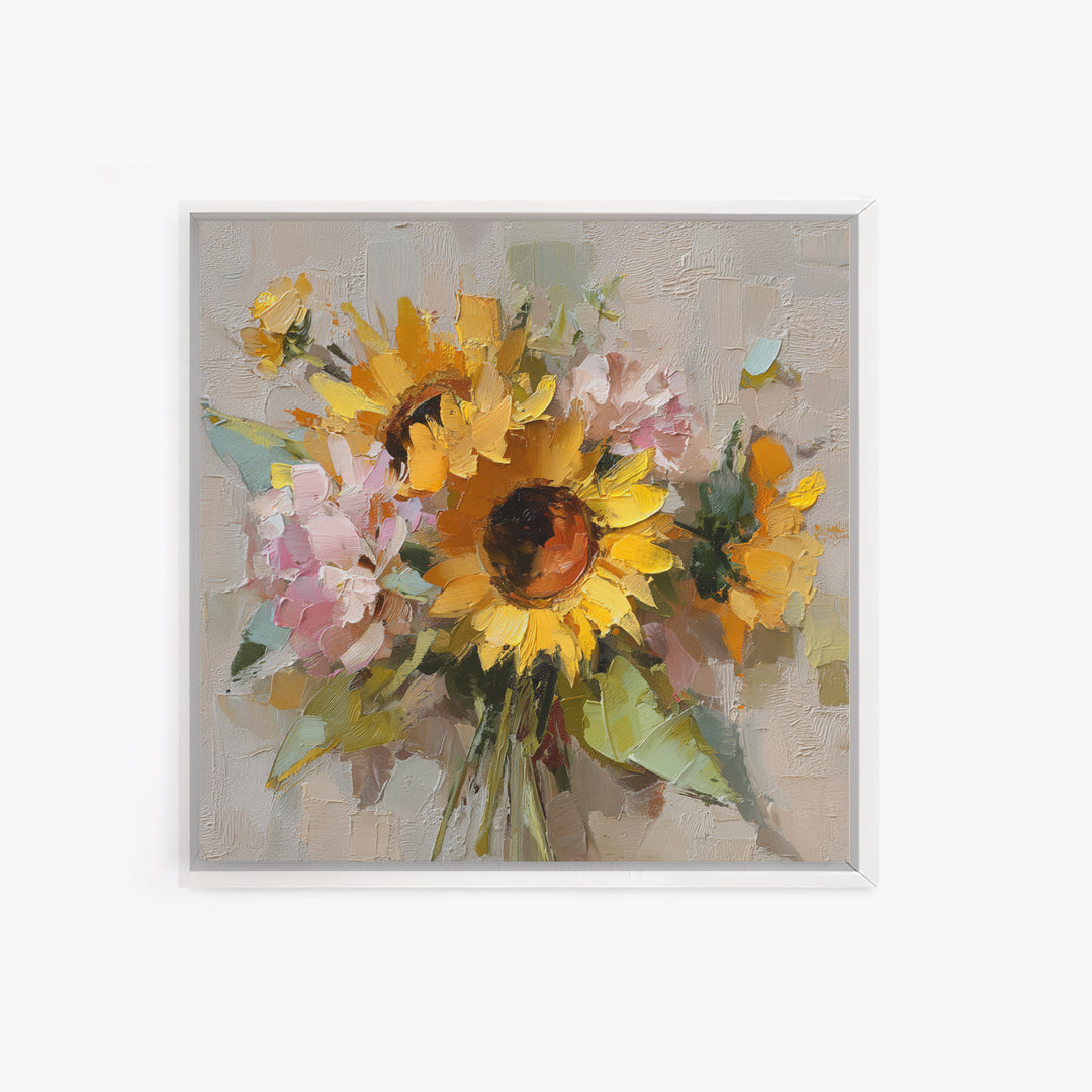 Sunflower Bouquet in Bold Golden Tones Framed Canvas Print, Floral Art, Textured Painting, Living Room Decor, Fine Art, Bloom, FLO-1x1-53