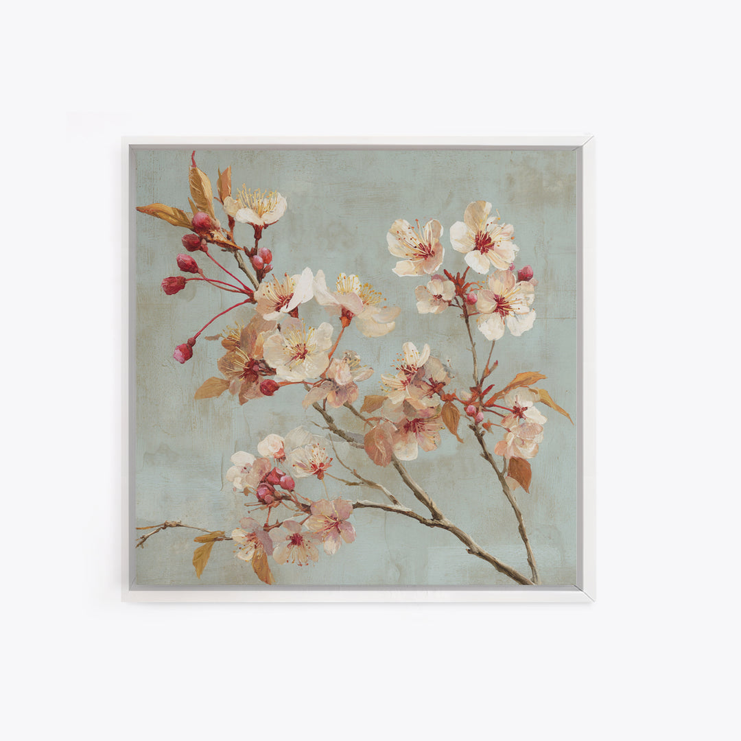 Delicate Cherry Blossom Branch on Pale Sky Framed Canvas Print, Floral Art, Statement Artwork, Living Room Decor, Bloom, FLO-1x1-78
