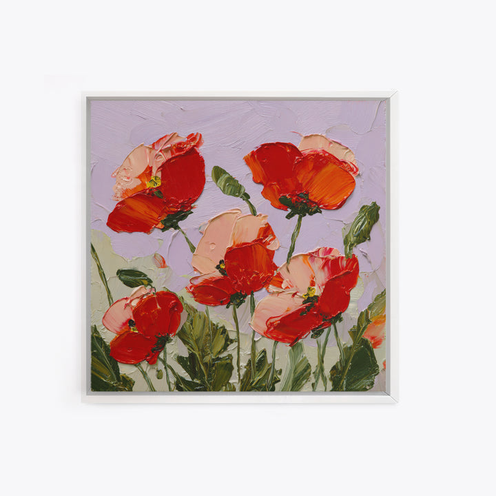 Poppy Field with Red Petals and Green Framed Canvas Print, Floral Art, Printable, Living Room Decor, Oil Painting, Bloom, FLO-1x1-8