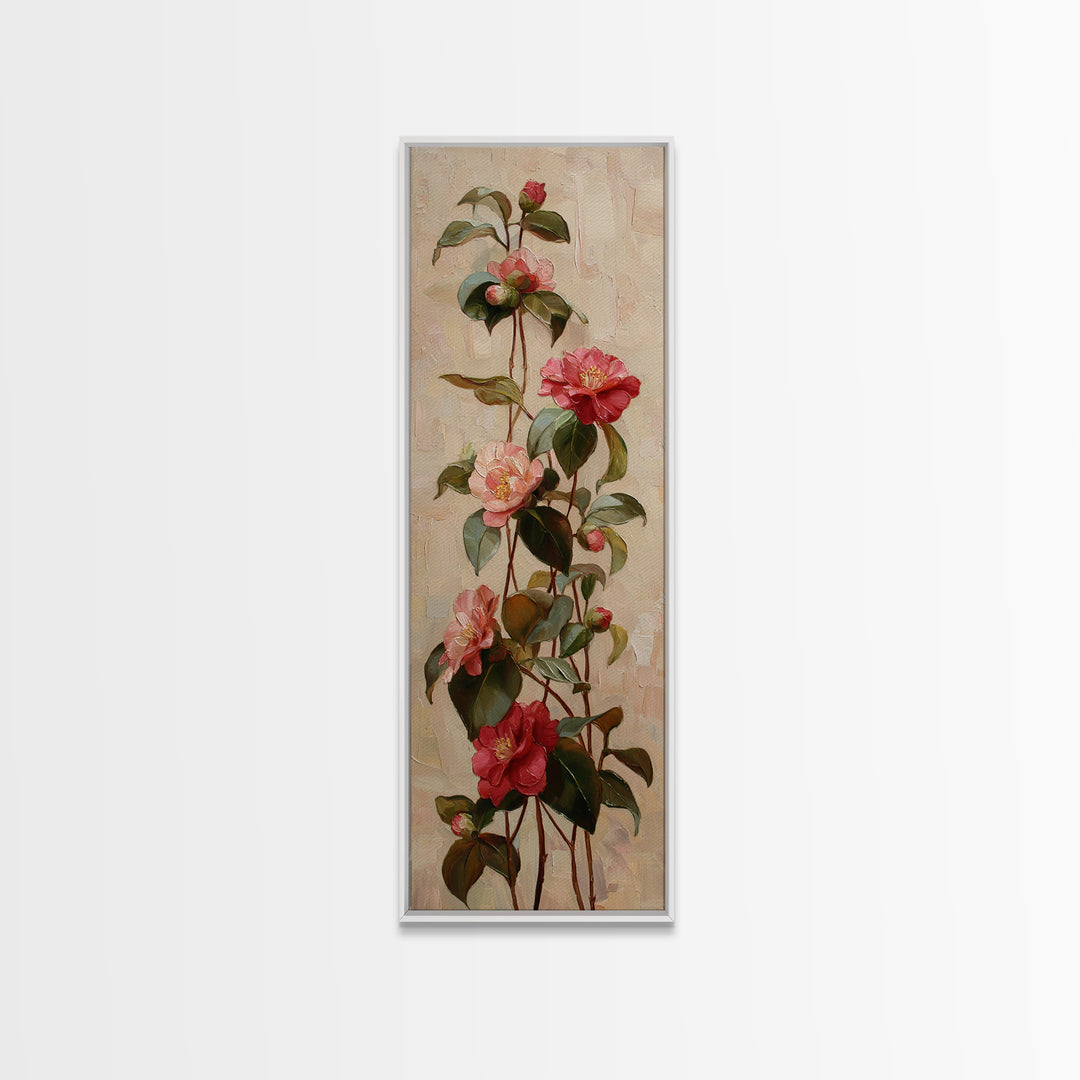 Camellia Bloom with Glossy Leaves Canvas Print, Floral Art, Botanical Curtain, Living Room Decor, Oil Painting, Bloom, FLO-1x3-100
