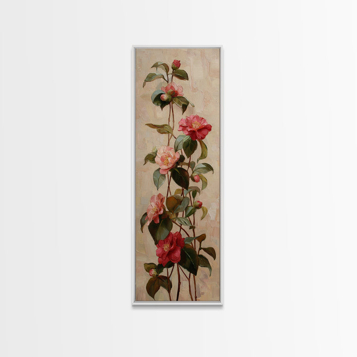 Camellia Bloom with Glossy Leaves Canvas Print, Floral Art, Botanical Curtain, Living Room Decor, Oil Painting, Bloom, FLO-1x3-100