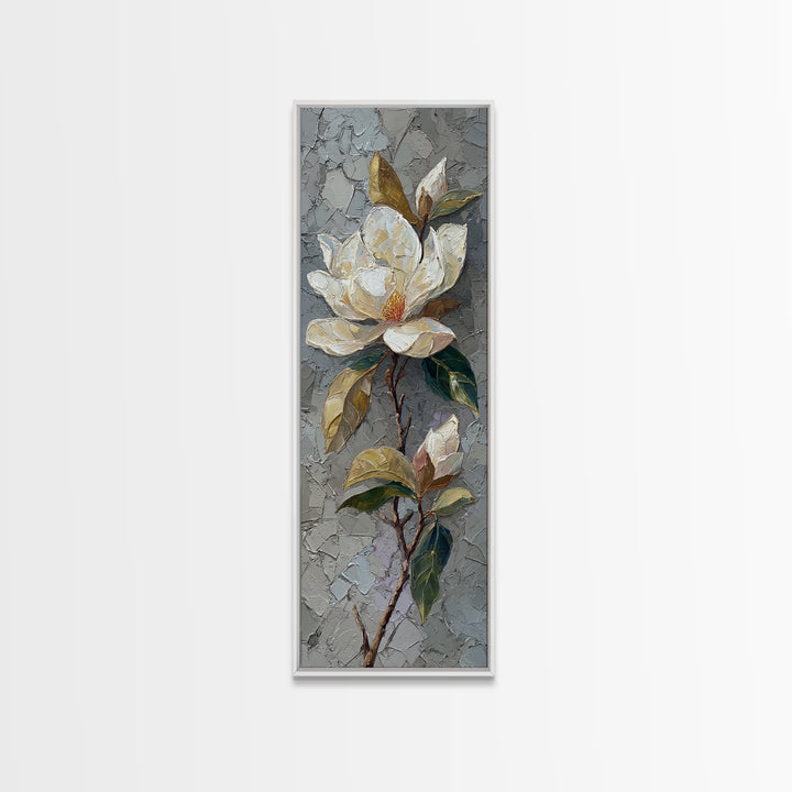 Single White Magnolia on Charcoal Ground Canvas Print, Floral Art, Botanical Art, Living Room Decor, Oil Painting, Bloom, FLO-1x3-40