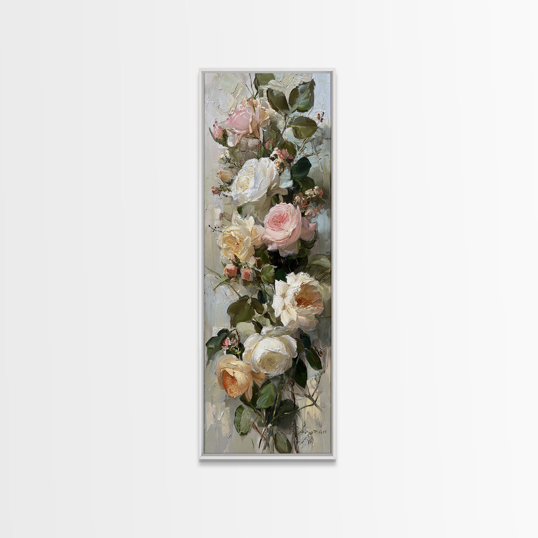 Floral Wreath of Garden Roses and Herbs Framed Canvas Print, Floral Art, Textured Painting, Living Room Decor, Fine Art, Bloom, FLO-1x3-53