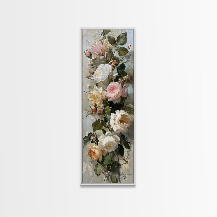 Floral Wreath of Garden Roses and Herbs Framed Canvas Print, Floral Art, Textured Painting, Living Room Decor, Fine Art, Bloom, FLO-1x3-53