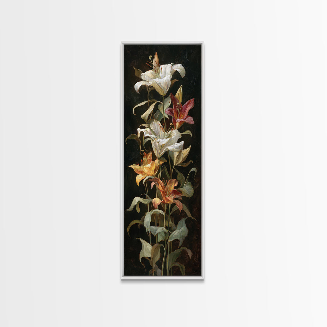 Lily Bouquet with Dramatic Dark Background Canvas Print, Floral Art, Art Nouveau Decor, Living Room Decor, Fine Art, Bloom, FLO-1x3-56
