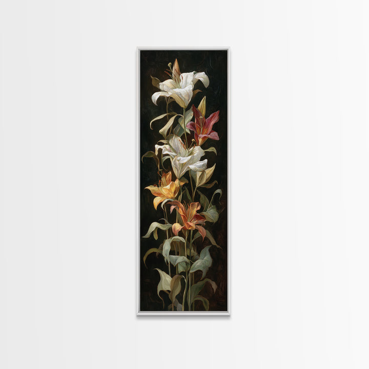 Lily Bouquet with Dramatic Dark Background Canvas Print, Floral Art, Art Nouveau Decor, Living Room Decor, Fine Art, Bloom, FLO-1x3-56