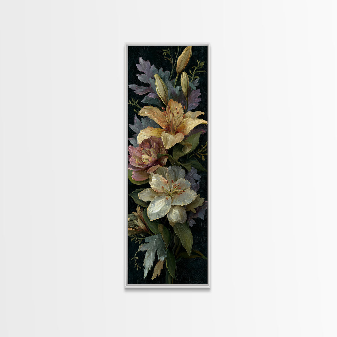 Lily Bouquet with Dramatic Dark Background Framed Canvas Print, Floral Art, Floral Art Prints, Living Room Decor, Oil Painting, FLO-1x3-80