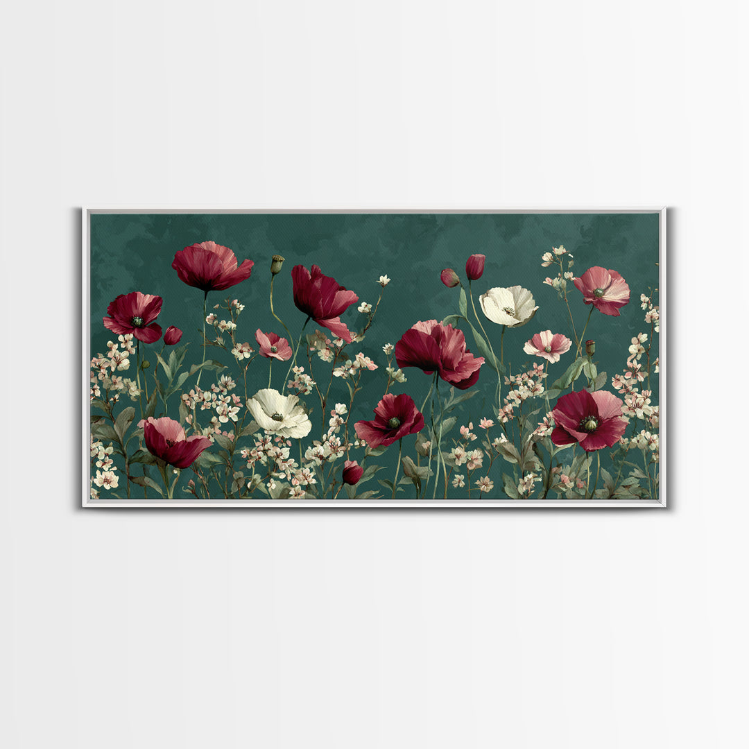 Poppy Field with Red Petals and Green Canvas Print, Floral Art, Art Nouveau Decor, Living Room Decor, Fine Art, Bloom, FLO-2x1-76