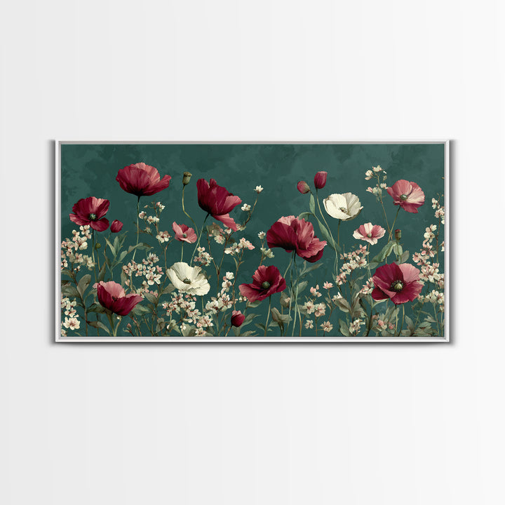 Poppy Field with Red Petals and Green Canvas Print, Floral Art, Art Nouveau Decor, Living Room Decor, Fine Art, Bloom, FLO-2x1-76