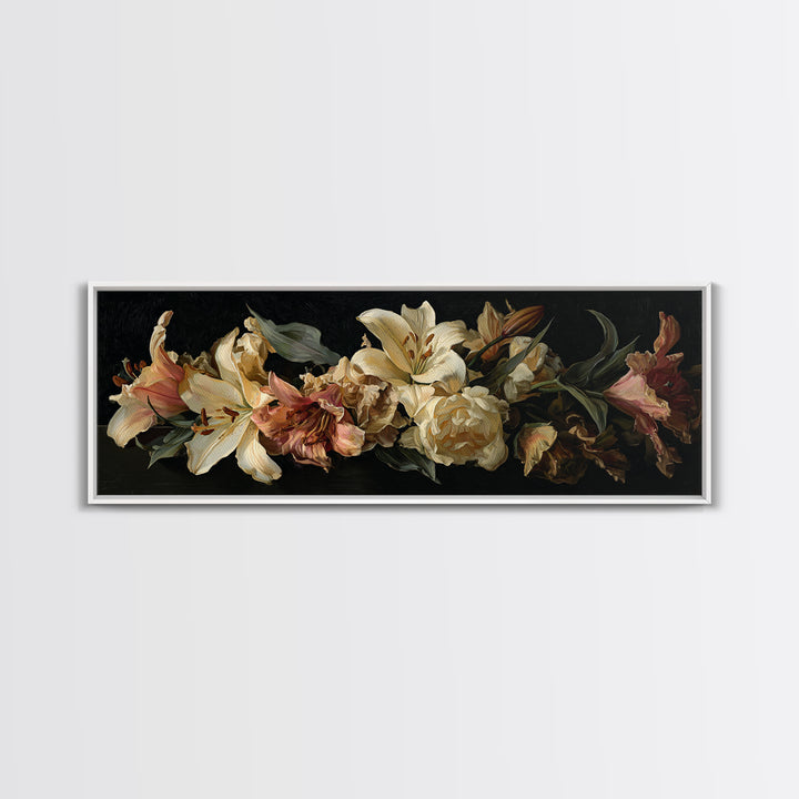 Lily Bouquet with Dramatic Dark Background Framed Canvas Print, Floral Art, Art Nouveau Locket, Living Room Decor, Bloom, FLO-3x1-12