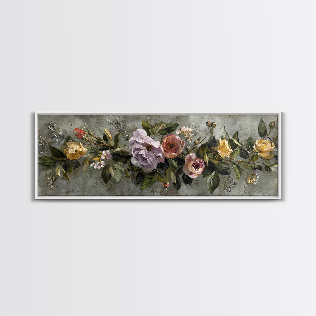 Floral Wreath of Garden Roses and Herbs Canvas Print, Floral Art, Floral Art Prints, Living Room Decor, Oil Painting, Bloom, FLO-3x1-33