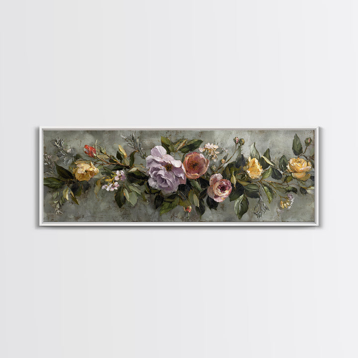 Floral Wreath of Garden Roses and Herbs Canvas Print, Floral Art, Floral Art Prints, Living Room Decor, Oil Painting, Bloom, FLO-3x1-33