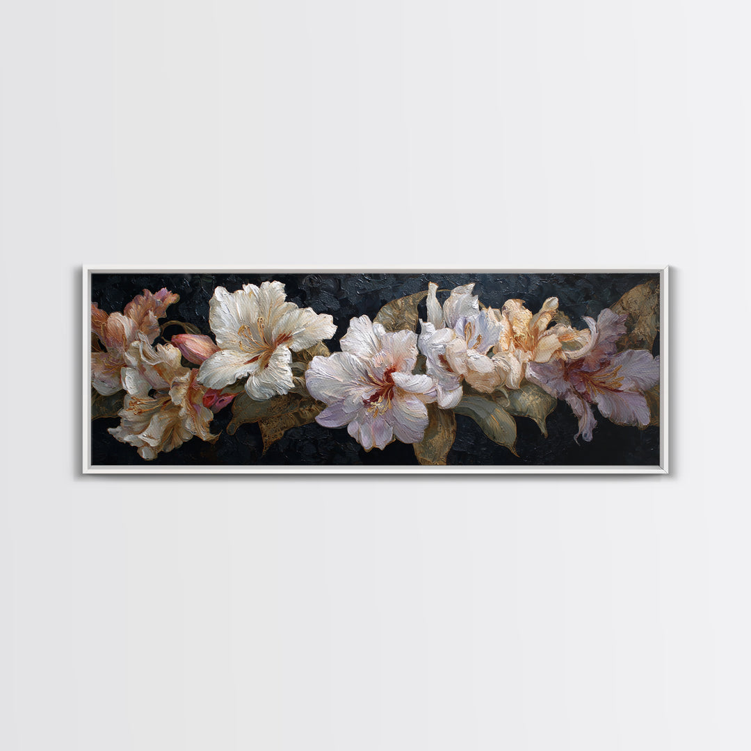 Lily Bouquet with Dramatic Dark Background Canvas Print, Floral Art, Gallery Decor, Living Room Decor, Fine Art, Bloom, FLO-3x1-36