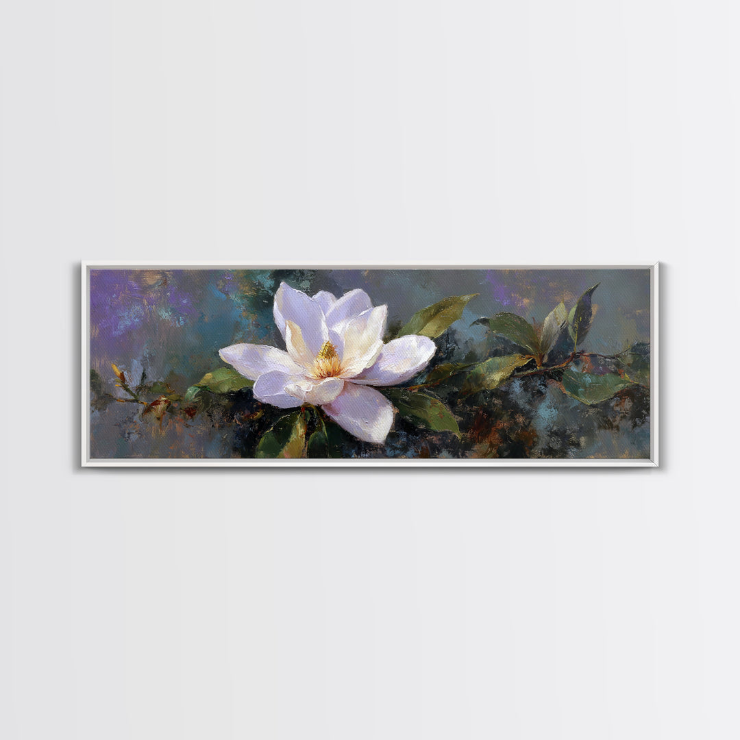 Single White Magnolia on Charcoal Ground Framed Canvas Print, Floral Art, Home Decor, Living Room Decor, Fine Art, Bloom, FLO-3x1-68
