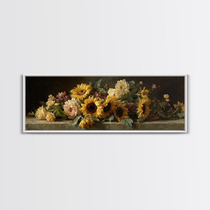 Sunflower Bouquet in Bold Golden Tones Framed Canvas Print, Floral Art, Gallery Decor, Living Room Decor, Fine Art, Bloom, FLO-3x1-69