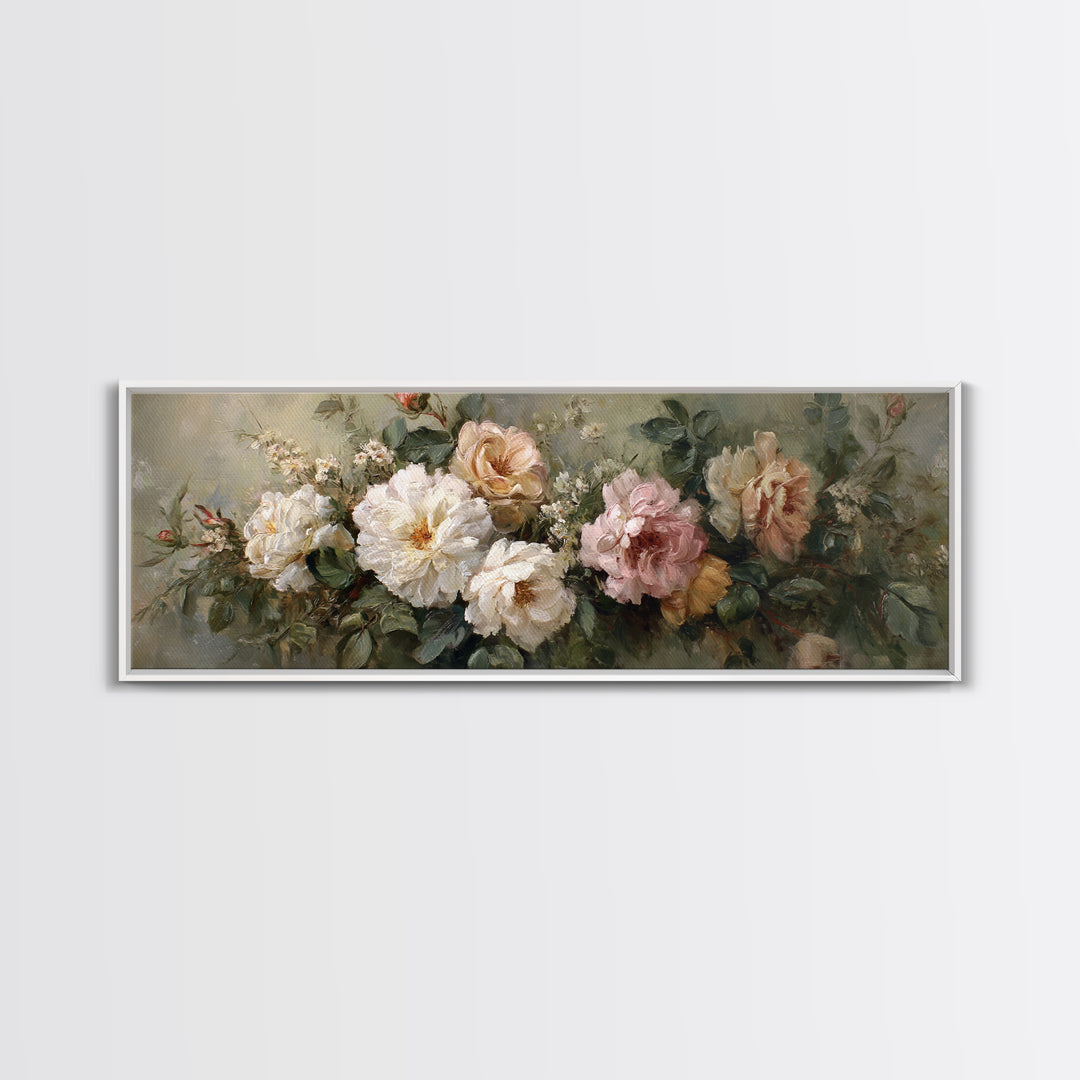 Floral Wreath of Garden Roses and Herbs Framed Canvas Print, Floral Art, Art Nouveau Decor, Living Room Decor, Fine Art, Bloom, FLO-3x1-9