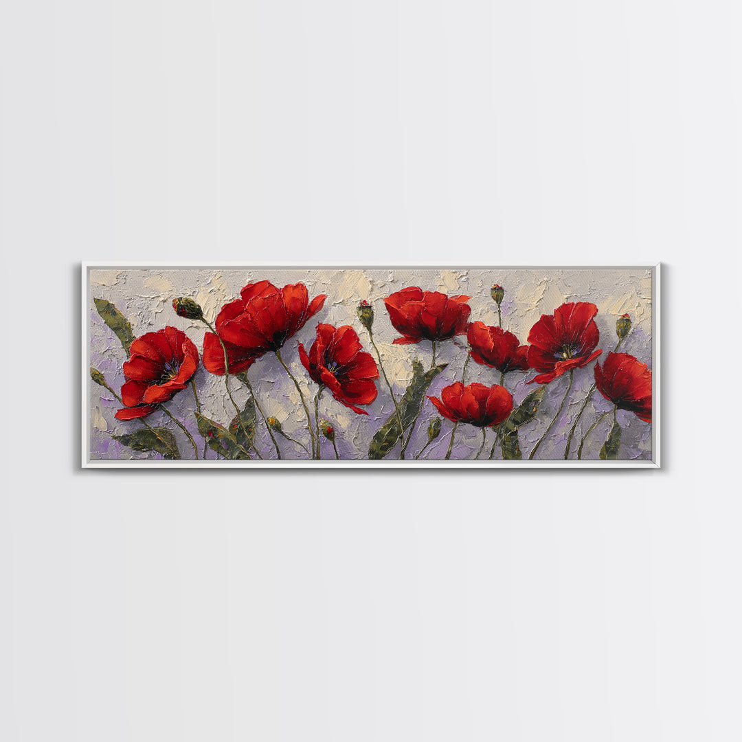 Poppy Field with Red Petals and Green Canvas Print, Floral Art, Textured Painting, Living Room Decor, Fine Art, Bloom, FLO-3x1-96