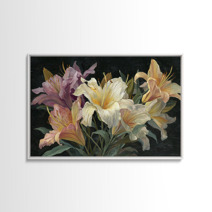 Lily Bouquet with Dramatic Dark Background Framed Canvas Print, Floral Art, Art Nouveau Locket, Living Room Decor, Bloom, FLO-3x2-24