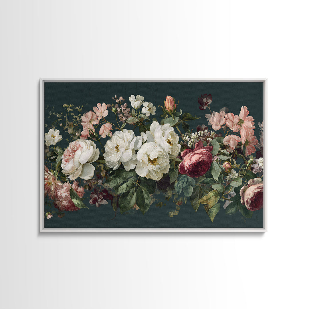 Floral Wreath of Garden Roses and Herbs Framed Canvas Print, Floral Art, Gallery Decor, Living Room Decor, Fine Art, Bloom, FLO-3x2-45
